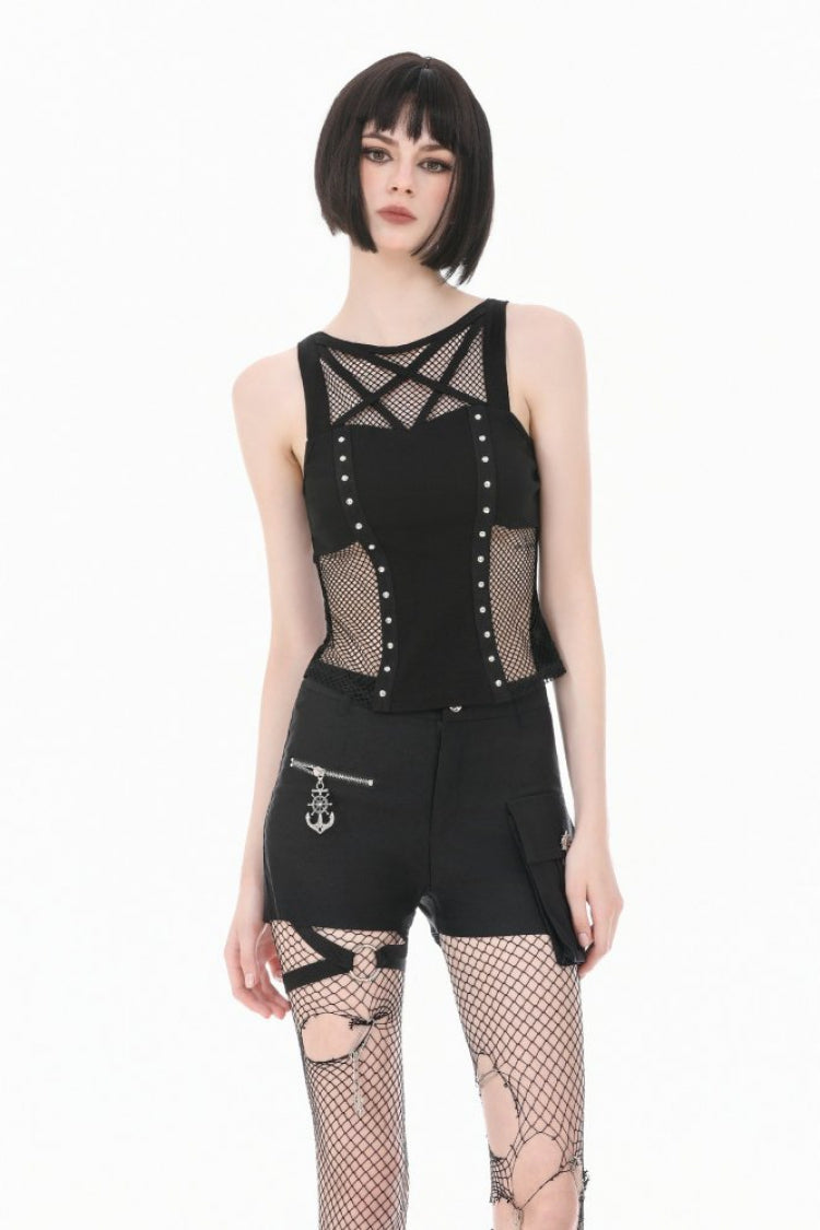 Black Women's Punk Sleeveless Studded Pentagram Sheer Mesh Splice Tank Top - Black - 1