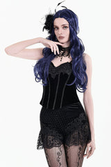 Black Women's Gothic Floral Embossed Velvet Shorts with Sheer Lace Trim - Product - 5