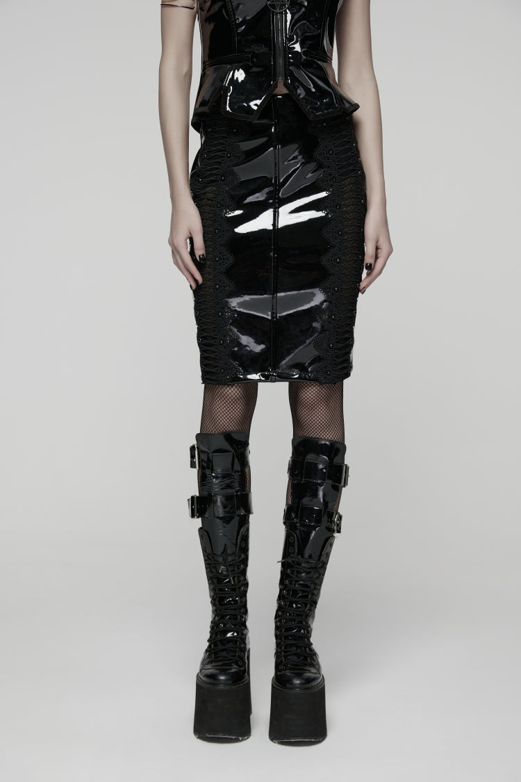 Black Spliced Lace Women's Gothic Lace Splice Faux Leather Skirt - Black - 1