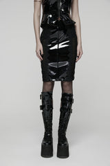 Black Spliced Lace Women's Gothic Lace Splice Faux Leather Skirt - Black - 1