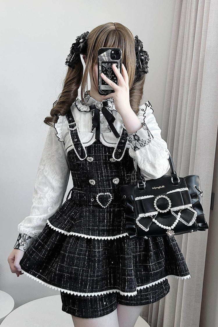 Black Plaid Printed Pearl-Decorated Sweet Jirai Kei Japanese Strap Dress Set - Black - 1