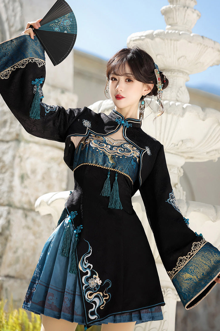 Black/Blue [Misty Teal] Long Sleeves Ruffled Cut-Out Embroidered Asymmetric Chinese Style Classic Lolita Jsk Dress Set - Product - 3