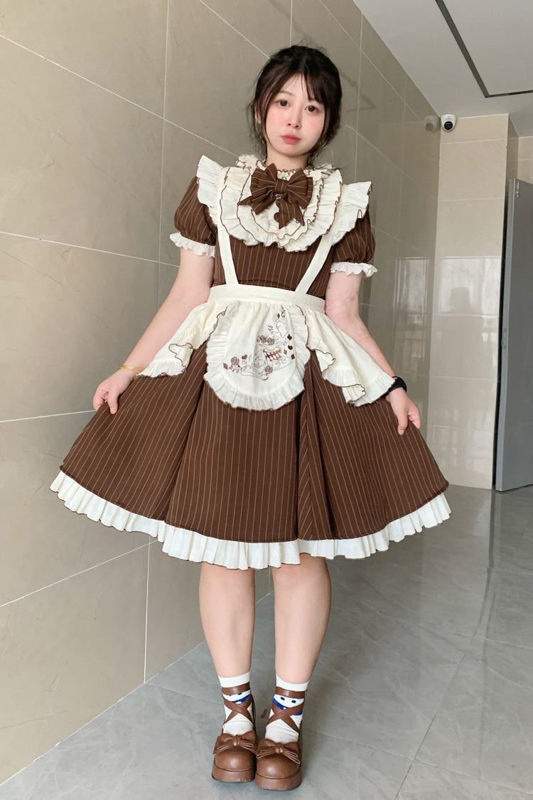 Brown Short Sleeves Stripe Print Ruffle Bowknot Sweet Plus Size Maid Lolita Dress - Brown - 1
