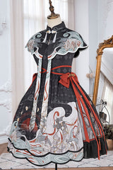 Black Chinese Style Chang'e Flying To The Moon Print Ruffled Classic Lolita OP Dress - Product - 7