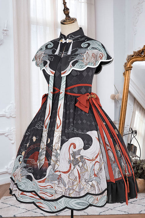 Black Chinese Style Chang'e Flying To The Moon Print Ruffled Classic Lolita OP Dress - Product - 7