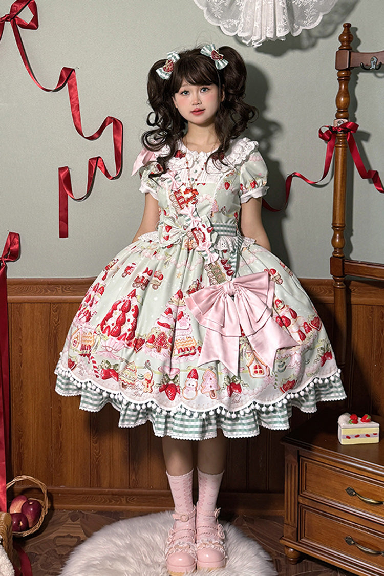 Mint Strawberry Dessert Doll Collar Short Sleeves Print Ruffle Bowknot Sweet Lolita Dress 4 Colors - Green - 6