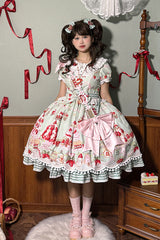 Mint Strawberry Dessert Doll Collar Short Sleeves Print Ruffle Bowknot Sweet Lolita Dress 4 Colors - Green - 6
