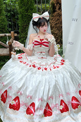 White [True Love Strawberry] Print Off Shoulder Sleeveless Ruffle Bowknot Lace Sweet Princess Lolita Dress Set - Product - 2