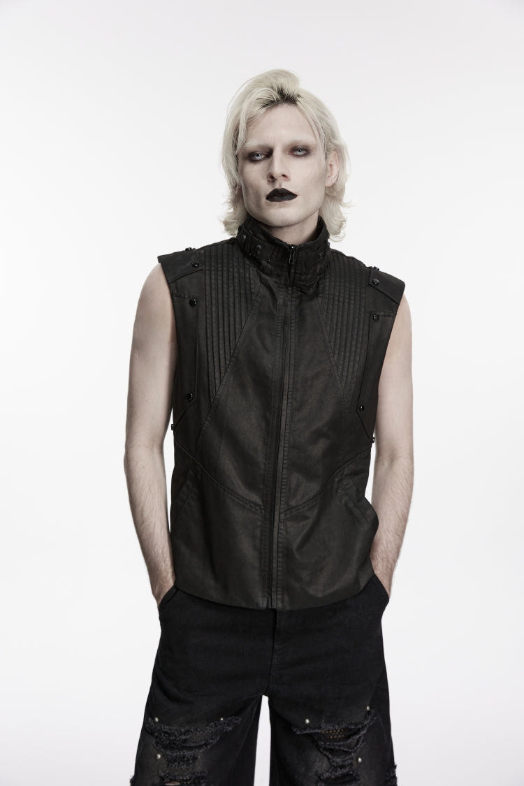 Black Stand Collar Sleeveless Studded Zippered Pleated Men's Punk Cool Vest - Product - 7