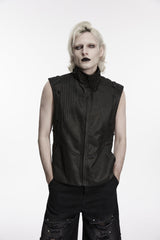 Black Stand Collar Sleeveless Studded Zippered Pleated Men's Punk Cool Vest - Product - 7