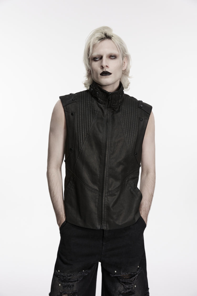 Black Stand Collar Sleeveless Studded Zippered Pleated Men's Punk Cool Vest - Product - 7