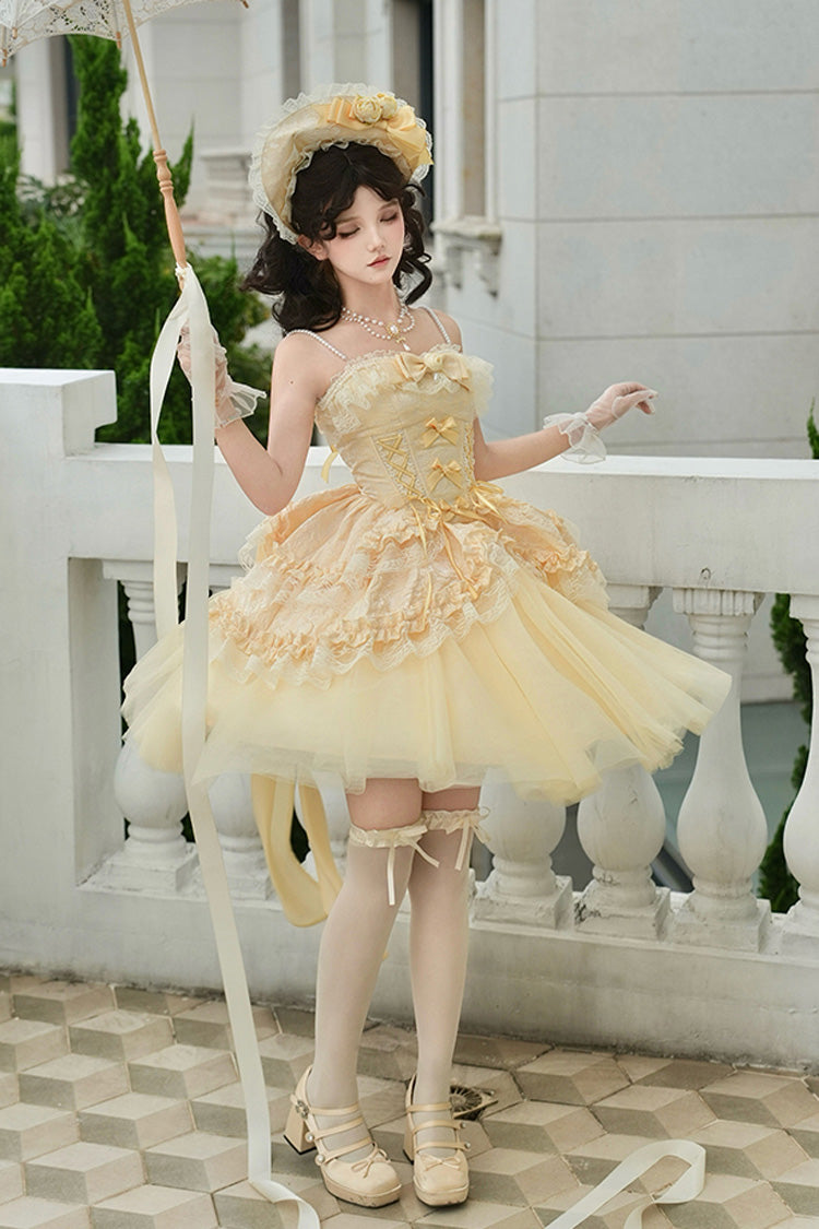 Yellow [Sissi's Pilgrimage] Off Shoulder Ruffle Bowknot Lace Sweet Lolita Skirt (Short Version) - Product - 2