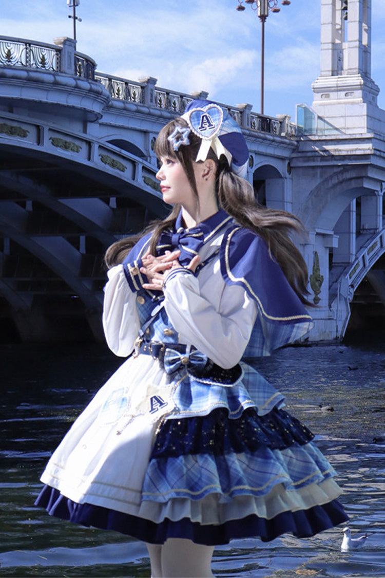 White/Blue [Starlight Academy Style] Long Sleeves Printed Ruffled Spliced Asymmetric Faux Two-Piece Sweet Lolita Dress - Product - 2