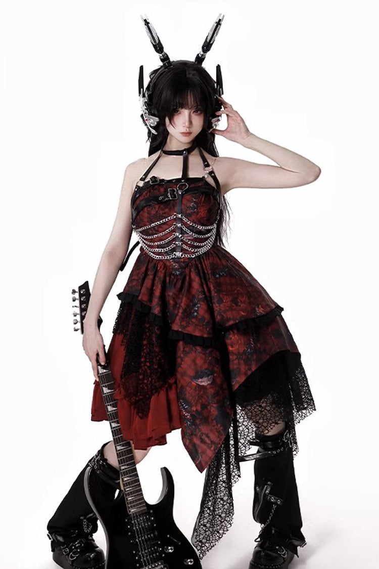 Red [Strawberries of Blood and Tears] Sleeveless Print Ruffle Bowknot Lace Asymmetric Gothic Lolita Jsk Dress - Product - 2