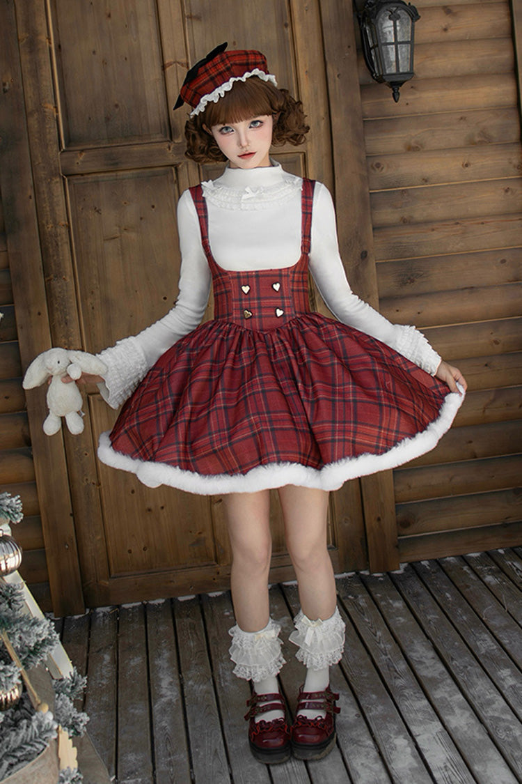 Red Striped Plaid Print Fall Winter Fishbone Sweet Corset Lolita Dress 2 Versions - Product - 8