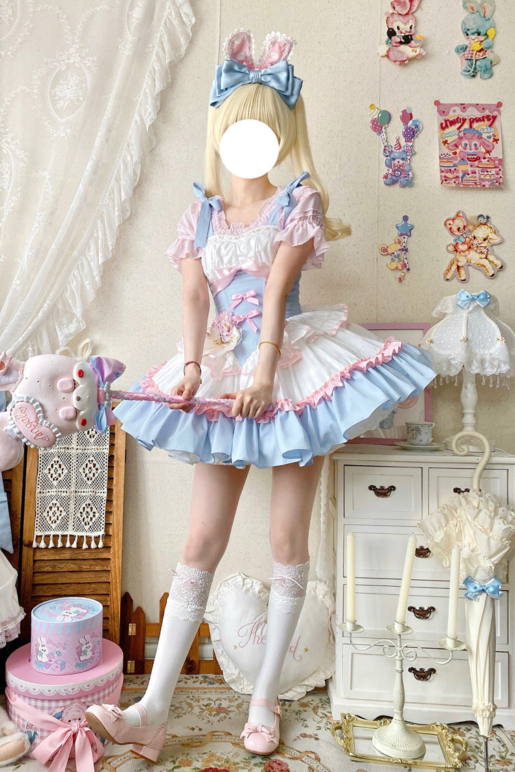 Light-Blue/Pink/White [Fairy Tale Overture] Triple-Layered Ruffle Bowknot Fishbone Sweet Ballet Lolita Dress - Product - 5