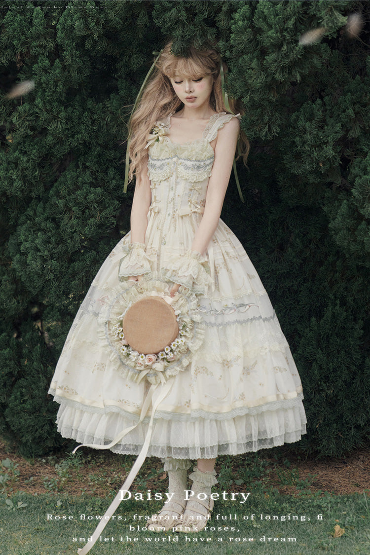 Multi-Color [Daisy Poetry] Print Ruffle Hollow Embroidery Lace Sweet Elegant Princess Lolita Jsk Dress - Product - 4