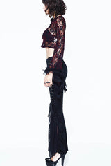 Black Palace Pattern Lace-Up Velveteen Lace Flared Women's Gothic Pants - Product - 4