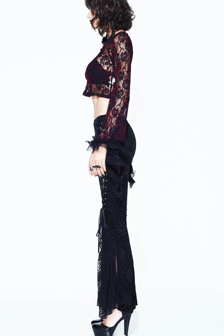 Black Palace Pattern Lace-Up Velveteen Lace Flared Women's Gothic Pants - Product - 4