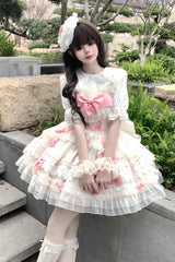 Apricot/Pink [Prelude to Spring Song] Sleeveless Multi-Layered Ruffle Bowknot Lace Sweet Princess Ballet Lolita Jsk Dress - Product - 4