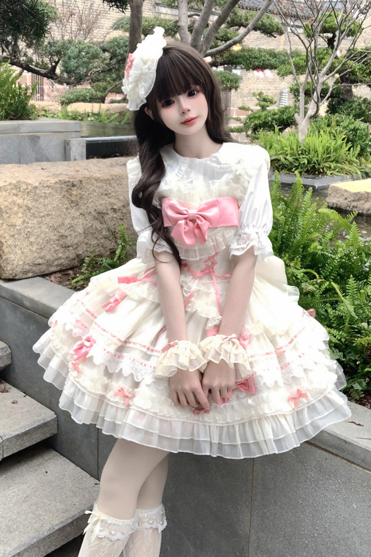 Apricot/Pink [Prelude to Spring Song] Sleeveless Multi-Layered Ruffle Bowknot Lace Sweet Princess Ballet Lolita Jsk Dress - Product - 4