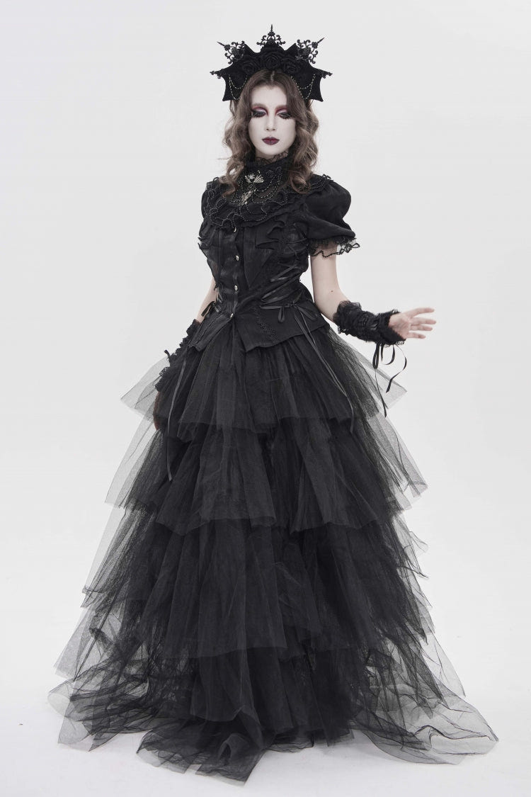 Black Stand Collar Short Sleeves Embroidered Lace Lace-Up Slim Pleated Women's Gothic Palace Blouse - Product - 4