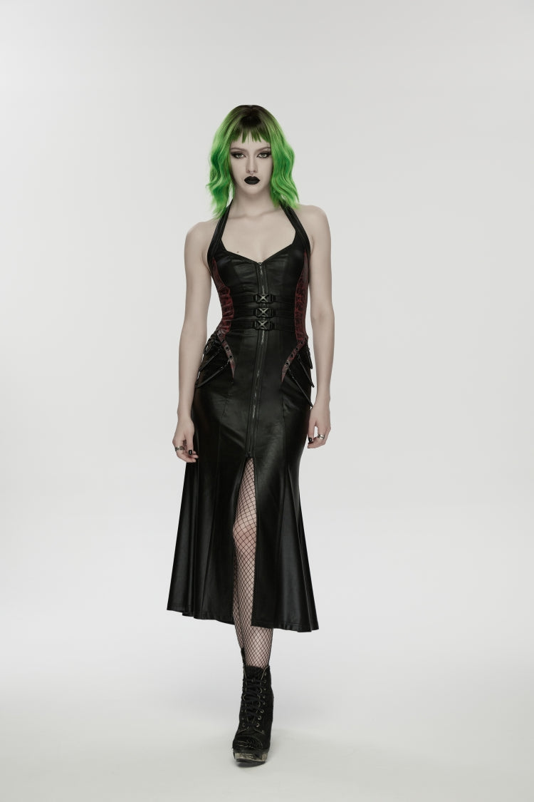 Black/Red Halterneck Sleeveless Lace-Up Slim Buckled Women's Punk Dress - Product - 1