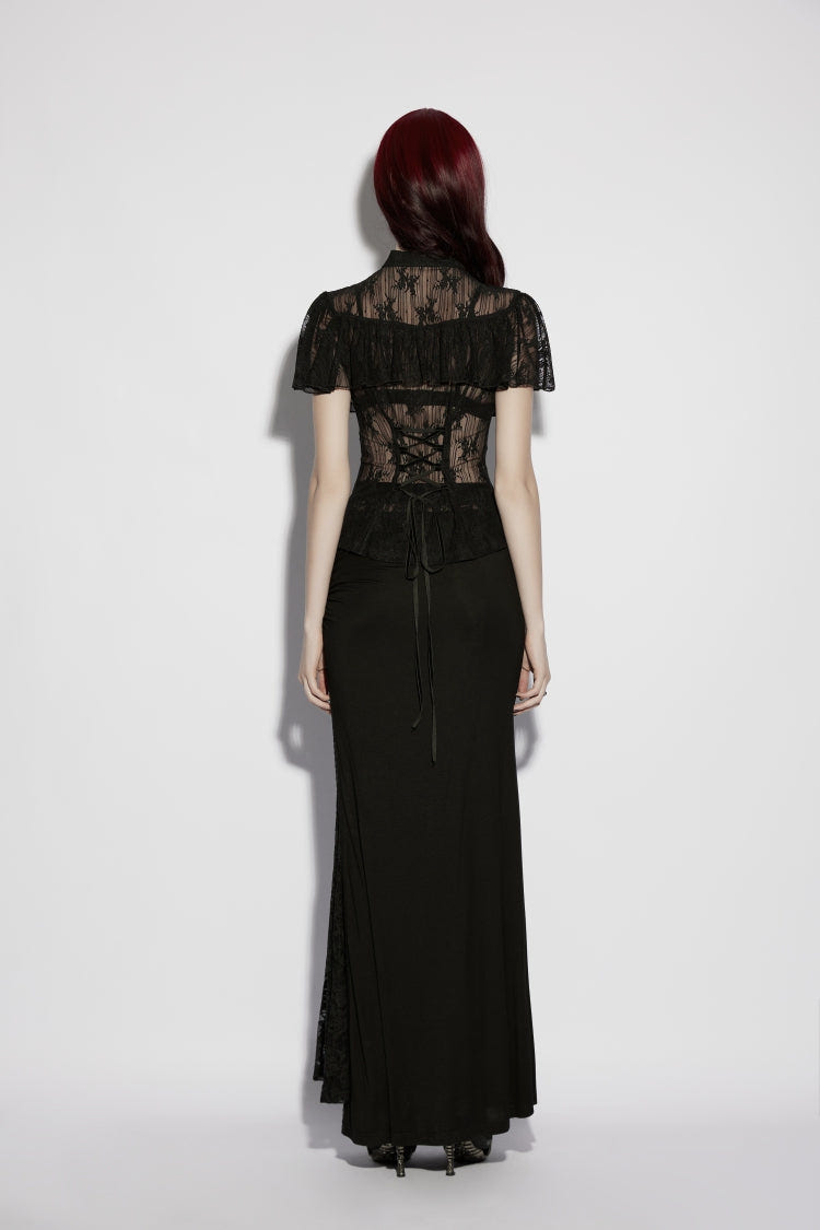 Black Short Sleeves Cut-Out Lace Lace-Up Slim Fit Women's Gothic Cool Cosplay Blouse - Product - 6