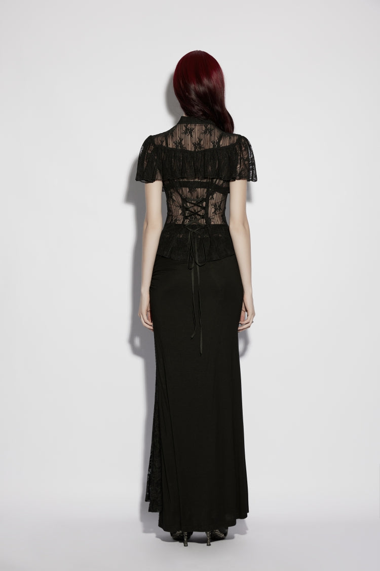 Black Short Sleeves Cut-Out Lace Lace-Up Slim Fit Women's Gothic Cool Cosplay Blouse - Product - 6
