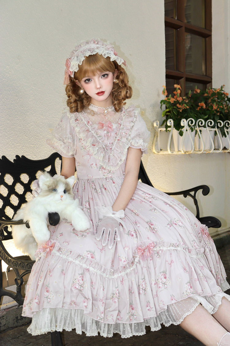 [Daydream Rose] Short Sleeves Floral Jacquard Print Ruffle Embroidery Bowknot Sweet Lolita Dress 3 Colors - Apricot - 5