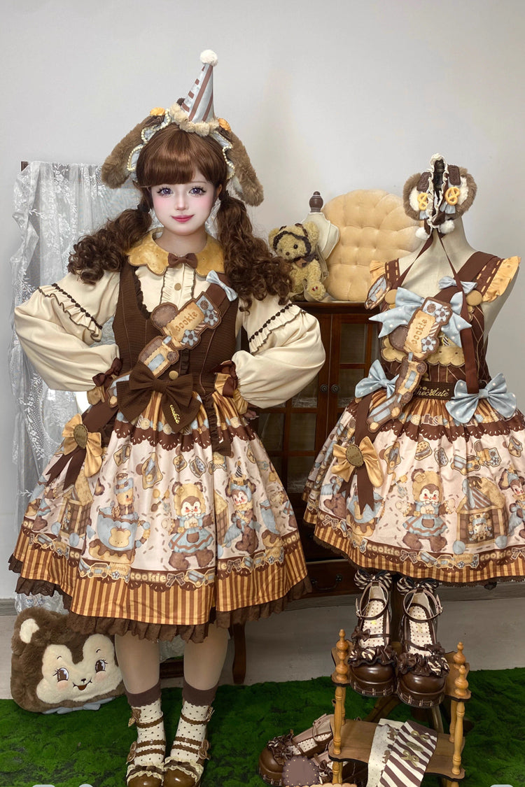 [Bear Cookies] Print Ruffle Bowknot Sweet Lolita JSK Dress 2 Colors - Product - 4