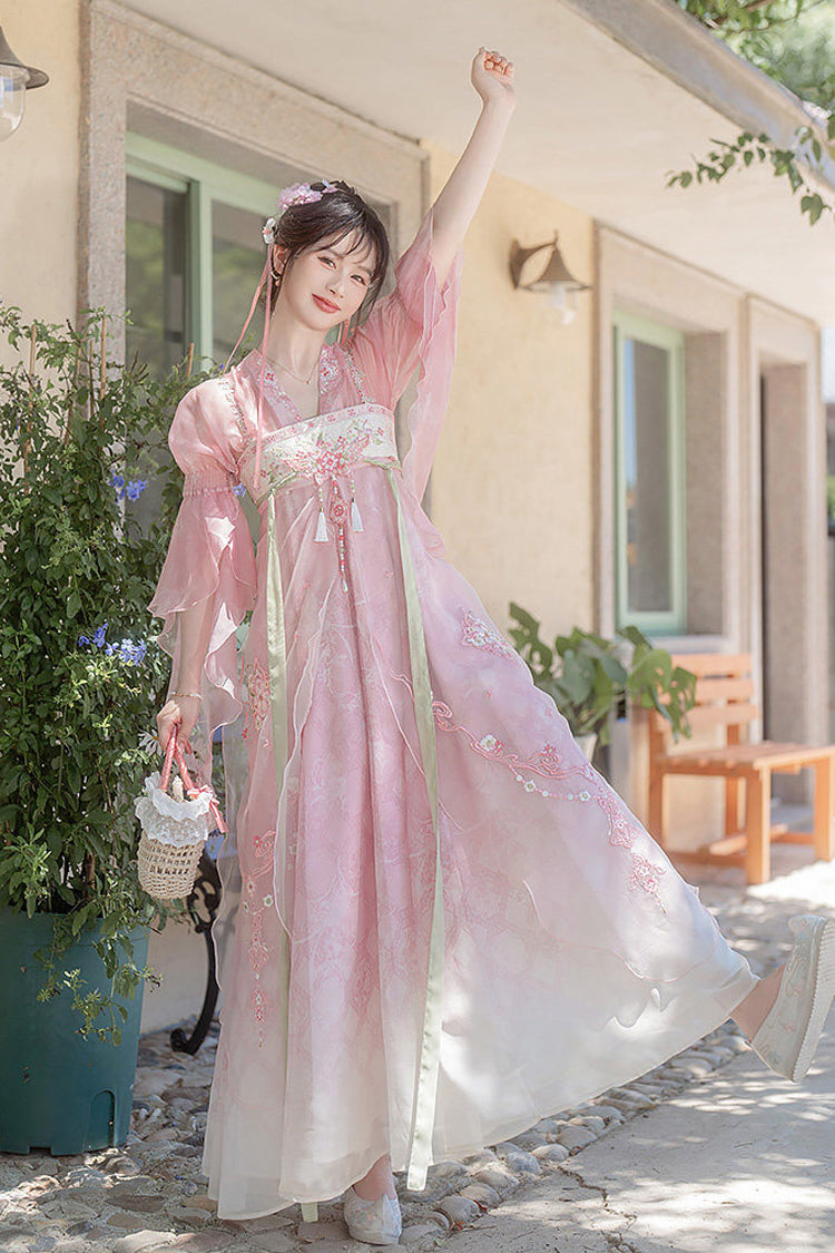 Pink Tang Dynasty V Collar High Waisted Embroidered Women's Daily Sweet Hanfu Dress Set - Pink - 1