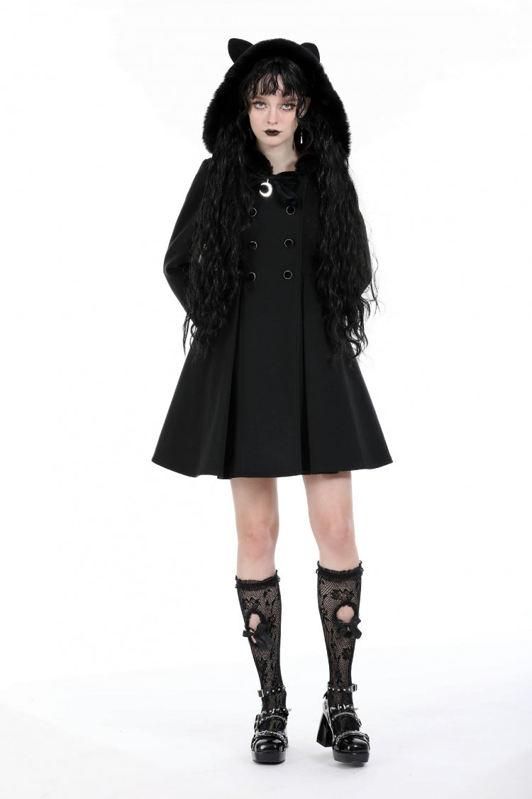 Black Long Sleeves Crescent Moon Bow Spliced Double-breasted Women's Gothic Coat with Cat Ear Hood - Product - 11