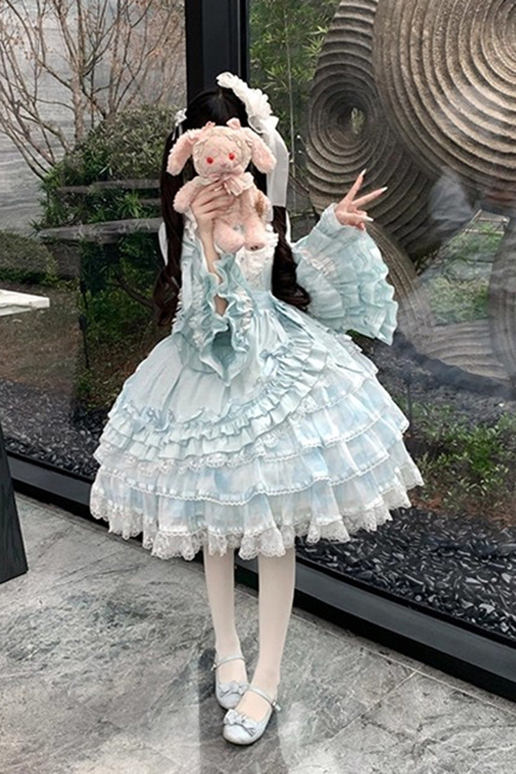 Blue [The Soloist Doll] Long Hime Sleeves Multi-Layered Print Ruffle Bowknot Asymmetric Sweet Lolita Dress - Product - 26
