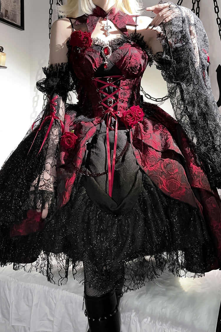 Black/Red [Weeping Rose] Jacquard Print Ruffle Cardigan Bowknot Lace-Up Gothic Lolita Dress - Product - 3