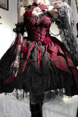 Black/Red [Weeping Rose] Jacquard Print Ruffle Cardigan Bowknot Lace-Up Gothic Lolita Dress - Product - 3
