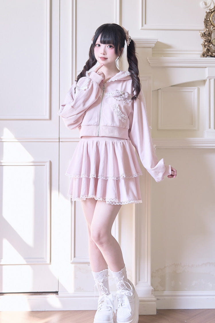 Sweet Long Sleeves Bowknot Lace Hooded Jirai Kei Hoodie Skirt Set 3 Colors - Product - 10