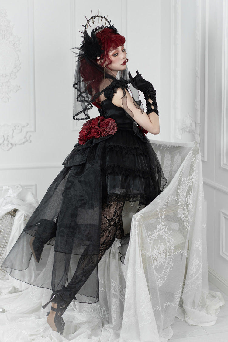 Black Multi-Layered Ruffled Hanayome Bow Pearl-Decorated Gothic Lolita Jsk Dress Full Set 2 Versions - Product - 6
