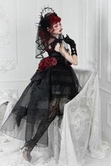 Black Multi-Layered Ruffled Hanayome Bow Pearl-Decorated Gothic Lolita Jsk Dress Full Set 2 Versions - Product - 6