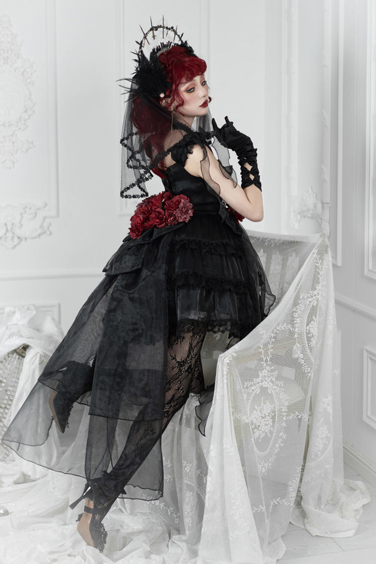 Black Multi-Layered Ruffled Hanayome Bow Pearl-Decorated Gothic Lolita Jsk Dress Full Set 2 Versions - Product - 6