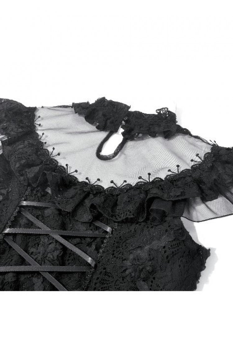 Black Ruffled Mock Neck Floral Cross Lace Splice Sheer Mesh Sleeveless Lace-Up Women's Gothic Dress - Product - 18