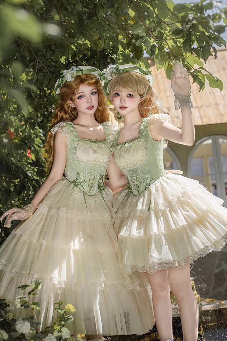 Green [Letters & Poems · Whisper of Lily of the Valley] Square Collar Multi-Layered Ruffled Embroidered Fishbone Sweet Lolita Jsk Dress 2 Versions - Green(Short) - 1