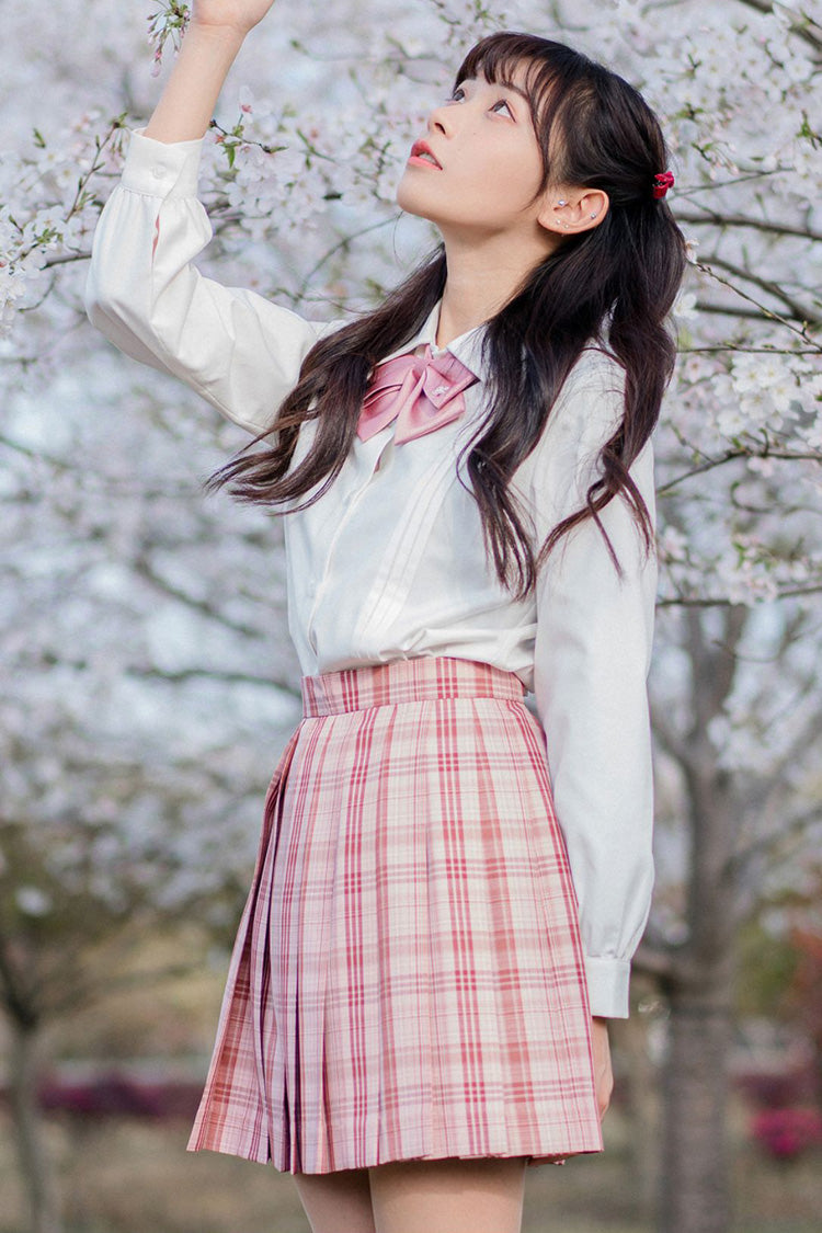 Pink College Style Plaid Stripe Print Sweet Japanese School Pleated Skirt - Product - 4