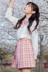 Pink College Style Plaid Stripe Print Sweet Japanese School Pleated Skirt - Product - 4