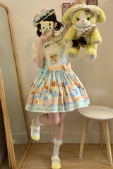 Kawaii Bears Sunflower Print Multi-Color Bowknot Sweet Lolita Strap Dress - Multi-Color - 1