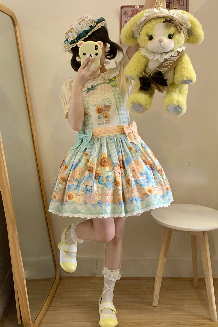 Kawaii Bears Sunflower Print Multi-Color Bowknot Sweet Lolita Strap Dress - Multi-Color - 1