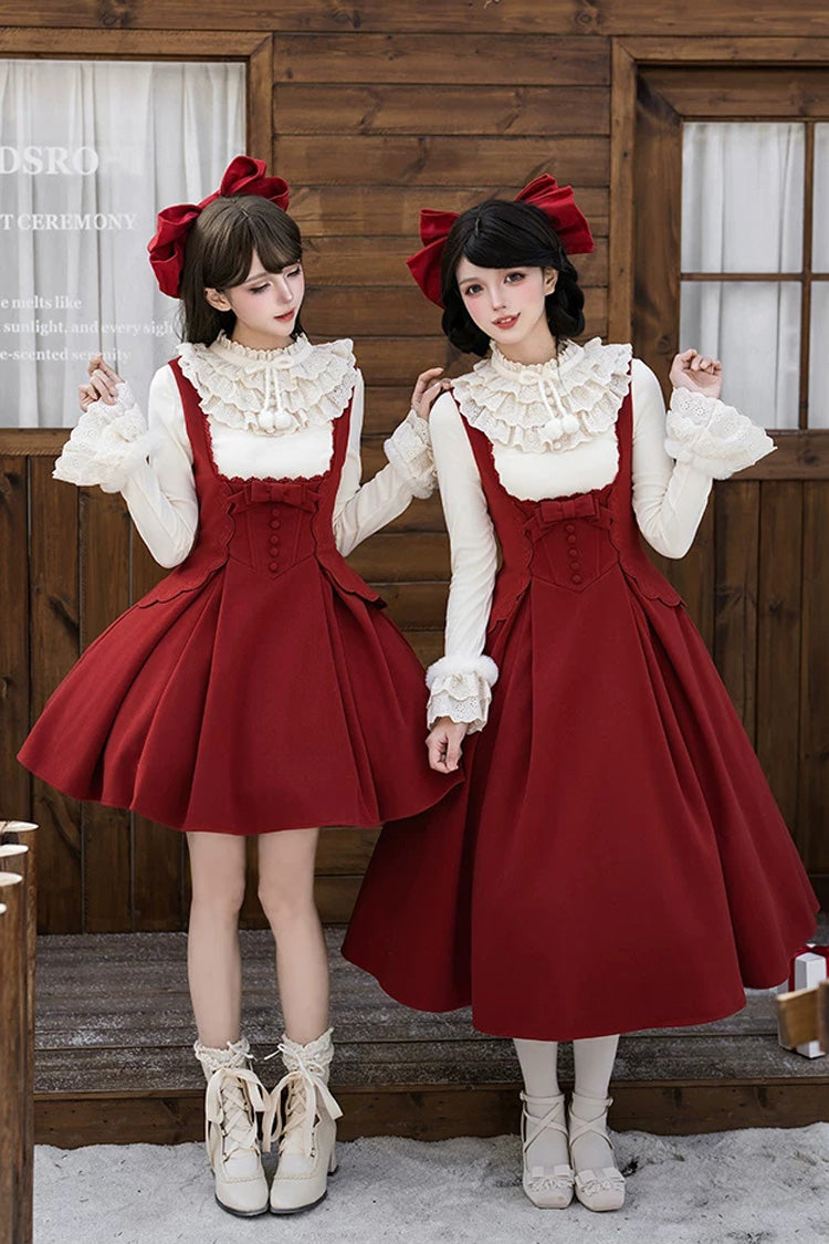Red [Letters and Poems · Velvet Rose] Sleeveless Embroidered Bow Fishbone Classic Elegant Lolita Bandeau Dress 2 Versions - Product - 2