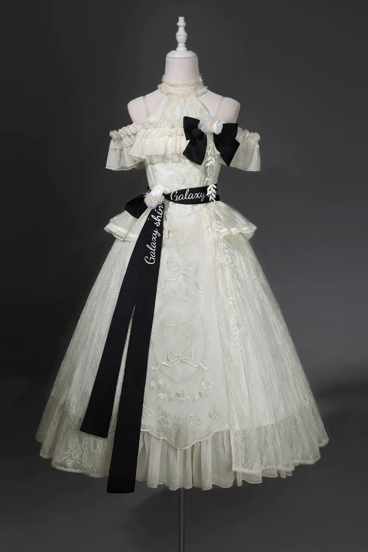 White [Glass Flower House] Halterneck Ruffled Embroidered Bow Classic Lolita Jsk Dress - White - 1