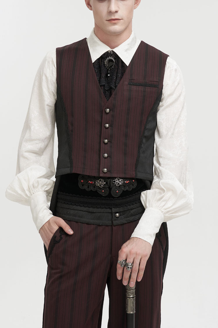 Red Retro Micro-Elastic Thick Stripe Stitching Three-Dimensional Texture Detachable Men's Punk Swallowtail Vest - Red - 1