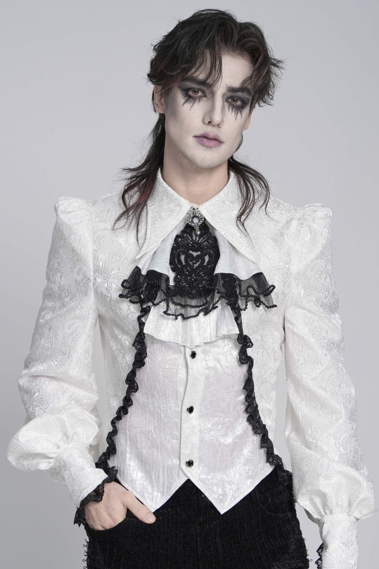 White Printed Diamante Beaded Embroidered Patchwork Lace Men's Gothic Luxurious Royal Neckwear - Product - 3